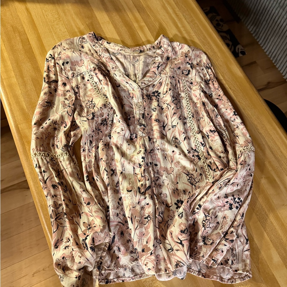 Blu Pepper Pink and Cream Floral Peasant Blouse